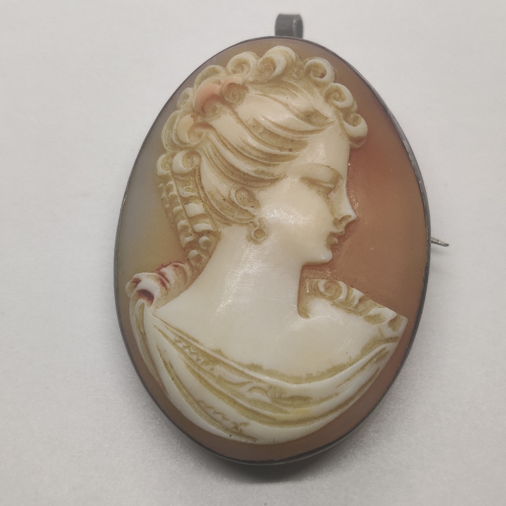 Antique Hand Carved Genuine Shell Cameo Pendant/ Brooch Silver 800